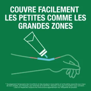 Texte associé à une illustration du gel Biofreeze en tube appliqué sur le poignet.