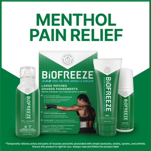 Four Biofreeze products showcased among a white and green background with text.