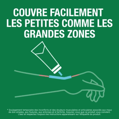 Texte associé à une illustration du gel Biofreeze en tube appliqué sur le poignet.