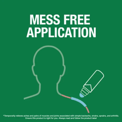 Text allocated to an illustration of Biofreeze roll-on product being applied to a shoulder.