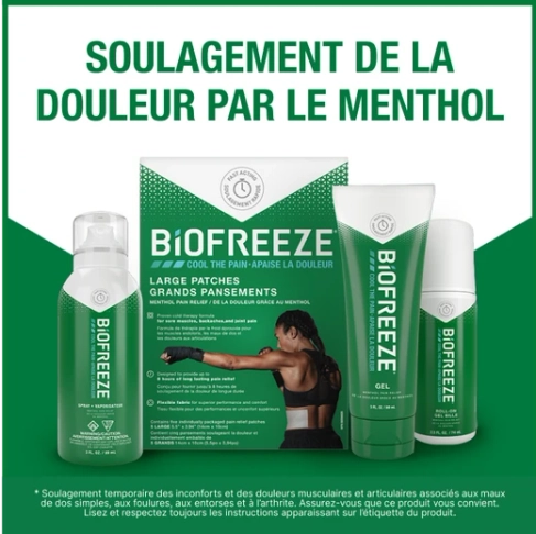Quatre produits Biofreeze présentés sur un arrière-plan blanc et vert avec du texte.