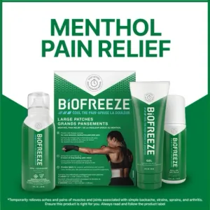 Four Biofreeze products showcased among a white and green background with text.