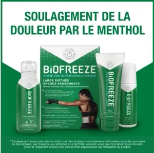 Quatre produits Biofreeze présentés sur un arrière-plan blanc et vert avec du texte.