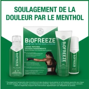 Quatre produits Biofreeze présentés sur un arrière-plan blanc et vert avec du texte.