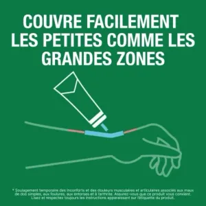 Texte associé à une illustration du gel Biofreeze en tube appliqué sur le poignet.