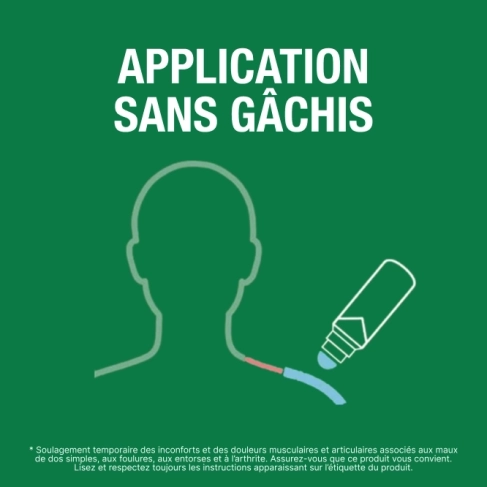 Texte associé à une image du produit Biofreeze avec applicateur à bille appliqué sur une épaule.