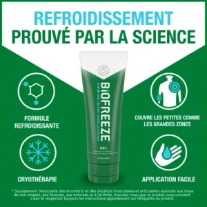 Texte entourant le tube de 89 mL de gel analgésique Biofreeze, les icônes d’ADN vert et refroidissant, de flocon de neige, de goutte d’eau sur une main et de poussée de douleur dorsale.