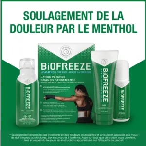 Quatre produits Biofreeze présentés sur un arrière-plan blanc et vert avec du texte.