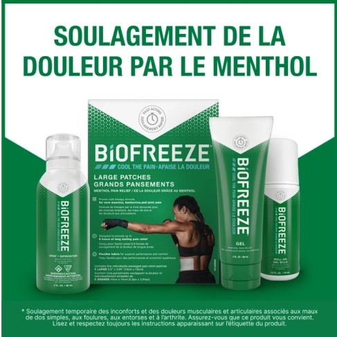 Quatre produits Biofreeze présentés sur un arrière-plan blanc et vert avec du texte.